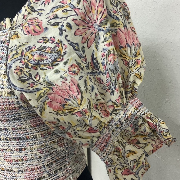 Talisman Square Neck Vintage Lotus Floral Print Smocked Firelight Cropped Top - Picture 6 of 10